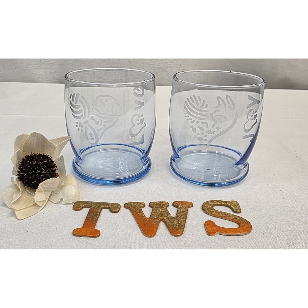 Etched Pet Lover Glass Tumblers Set of 2 Dog Love Cat Joy Light Blue Tinted